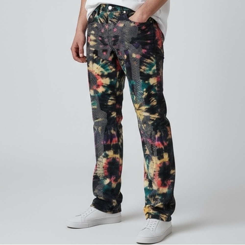 MNML Multi Color Tie-Die Skelton Rhinestone Button Fly Denim Jeans